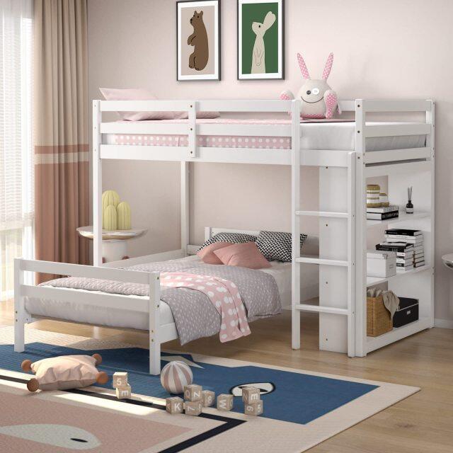 KOMFOTT Twin Over Twin Bunk Bed, Convertible Wooden Loft Bed with 3-Tier Bookcase, Can be Separated into 2 Beds