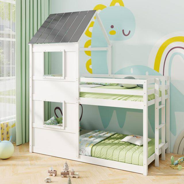 KOMFOTT Twin Over Twin Wood Floor Bunk Bed with Built in Ladder, Window & Safety Guardrail