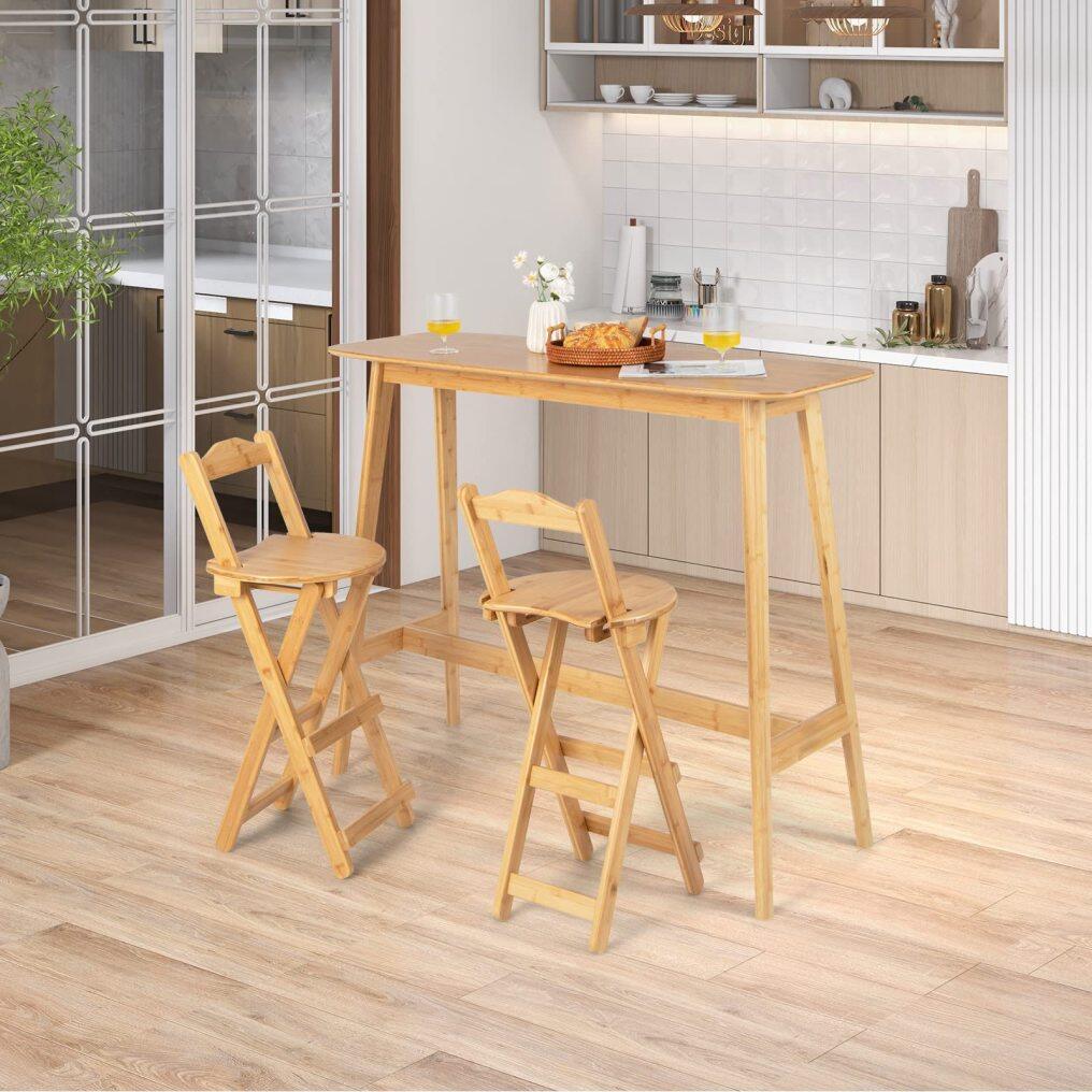 KOMFOTT Folding Bamboo Bar Stools Set of 2/4, 24-inch Kitchen Counter Height Stools with Backrest and Footrest