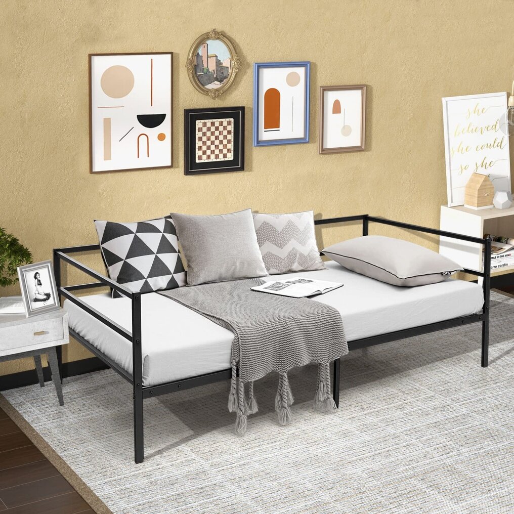 KOMFOTT Twin Size Metal Daybed Frame, Heavy-Duty Steel Slats Support Sofa Bed