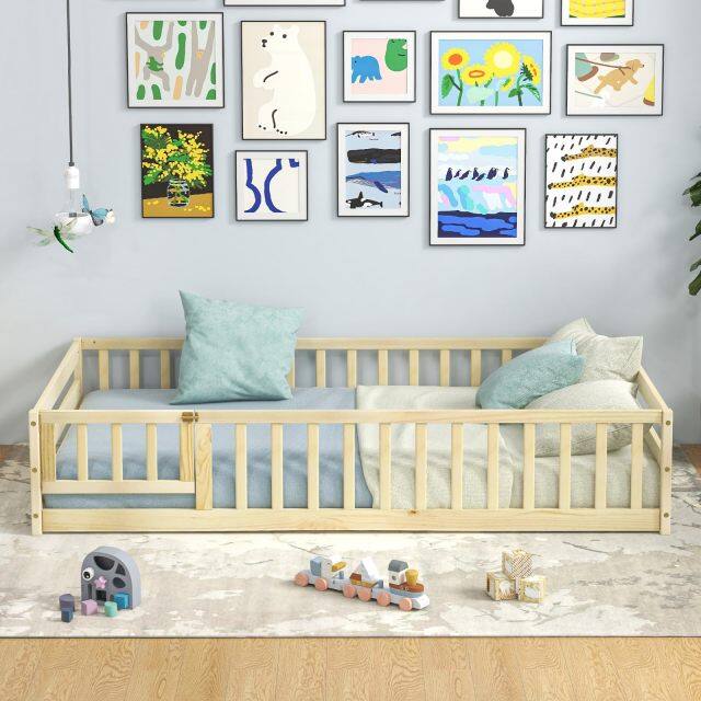 KOMFOTT Twin Floor Bed with Door & Fence, Kids Wood Montessori Bed with Safety Guardrails