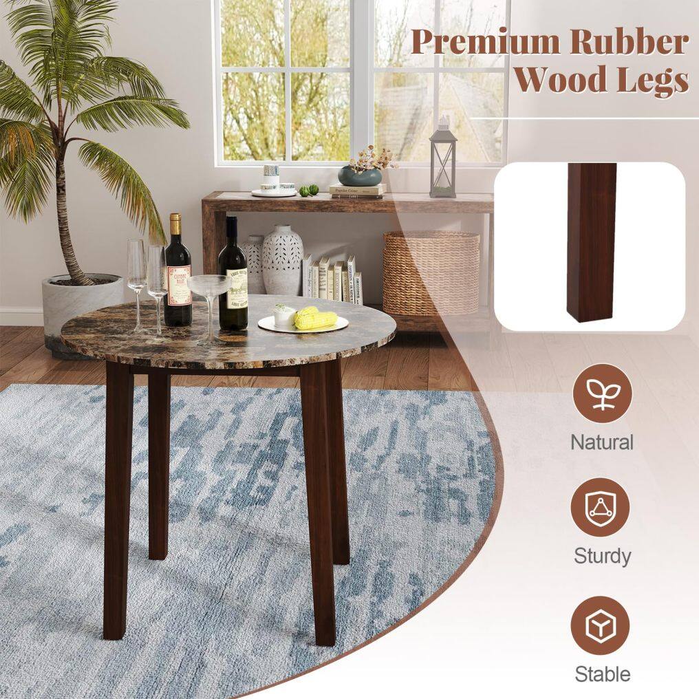 KOMFOTT Round Dining Table with Rubber Wood Legs, Marble-Textured Veneer Tabletop