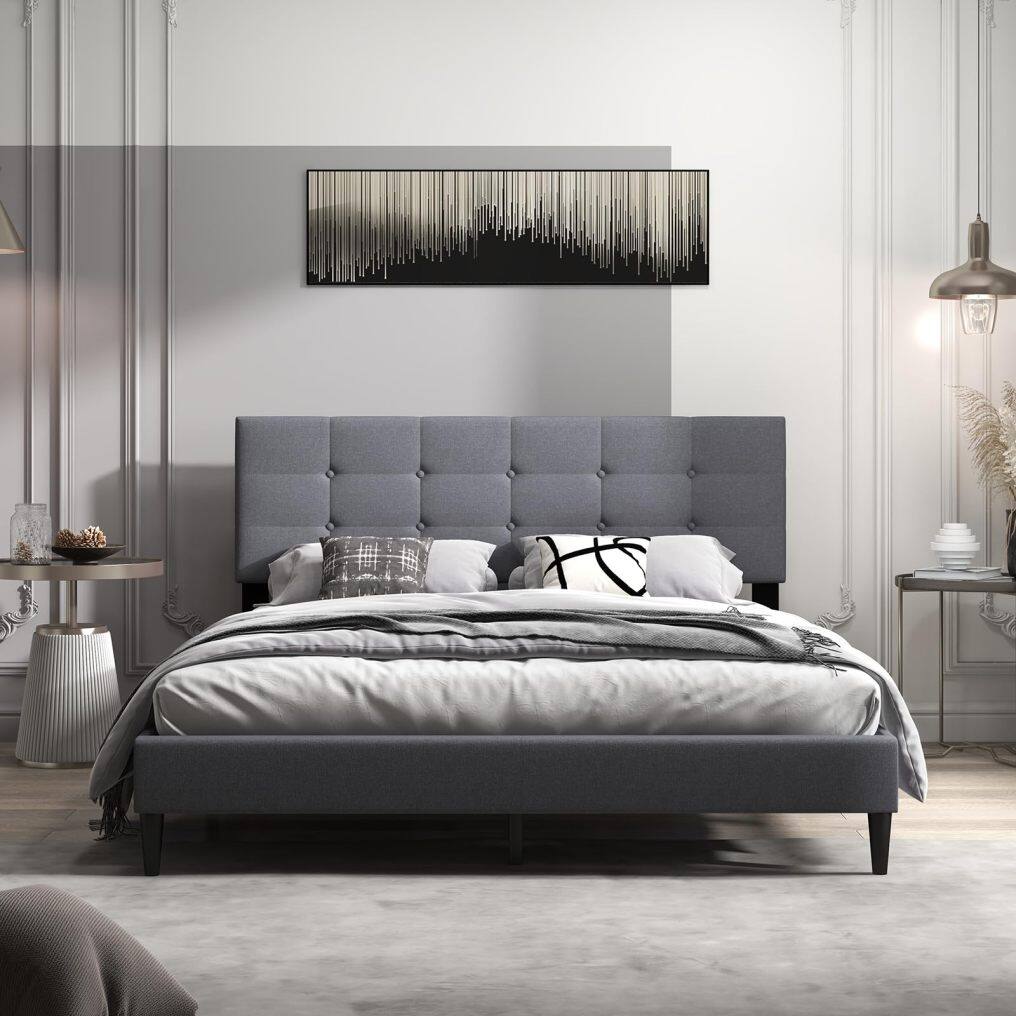 KOMFOTT Twin/Queen Size Upholstered Platform Bed Frame with Button Tufted Linen Fabric Headboard