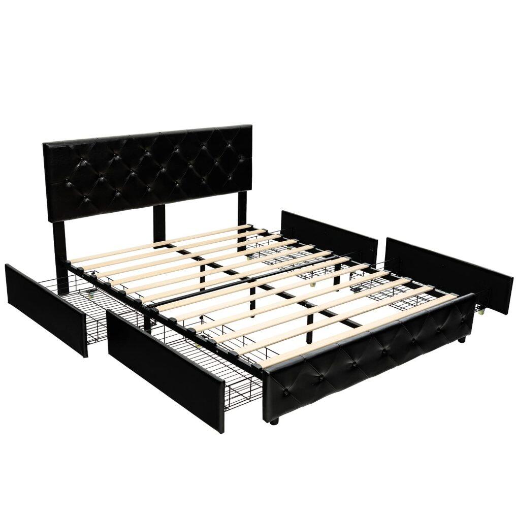 KOMFOTT Upholstered PU Leather Platform Bed Frame with 4 Storage Drawers