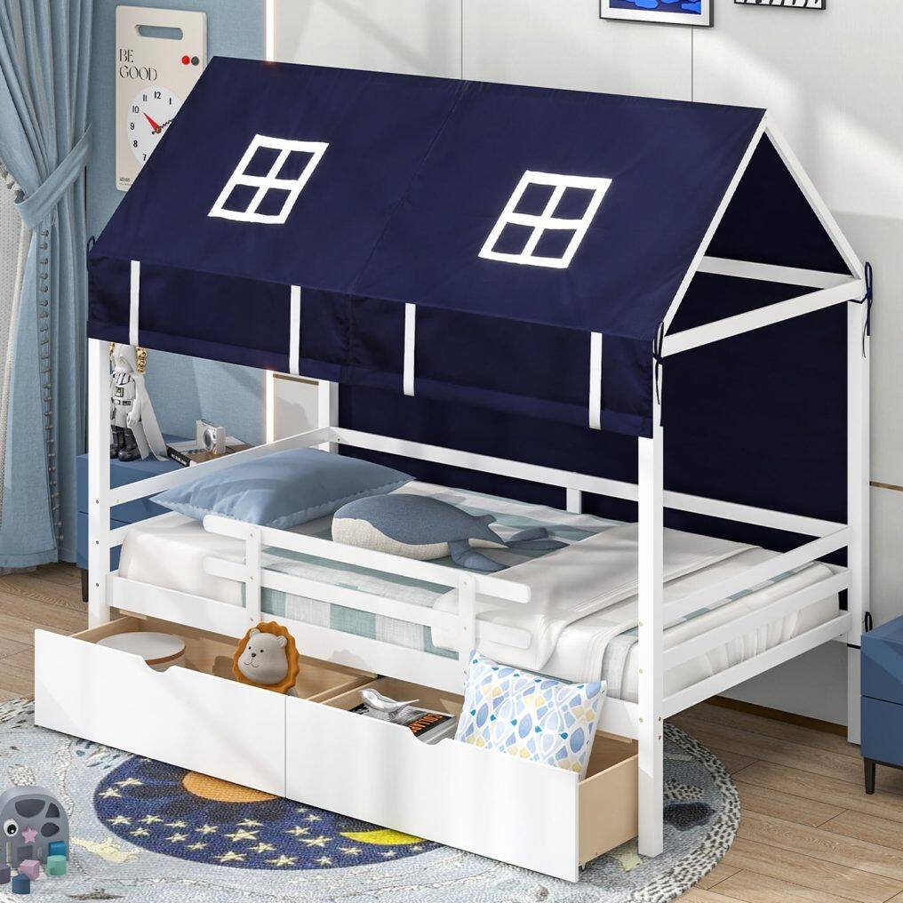 KOMFOTT Twin House Bed with Tent, Wood Kids Bed with 2 Storage Drawers, Solid Wood Daybed Frame with Rails and Roof