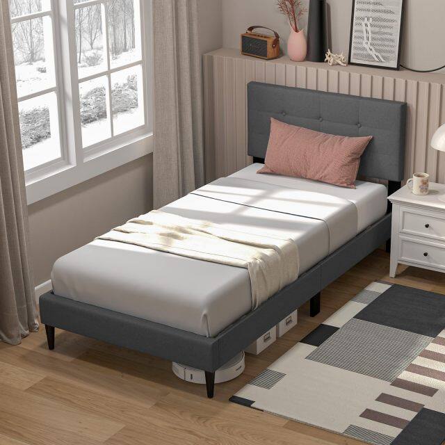 KOMFOTT Twin/Queen Size Upholstered Platform Bed Frame with Button Tufted Linen Fabric Headboard