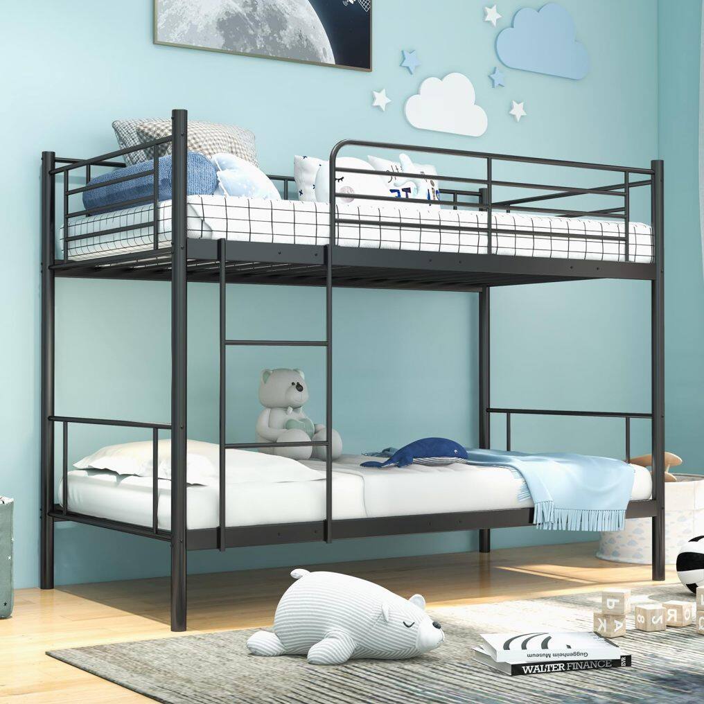 KOMFOTT Twin Over Twin Metal Bunk Bed with Ladder & Full-Length Guardrails