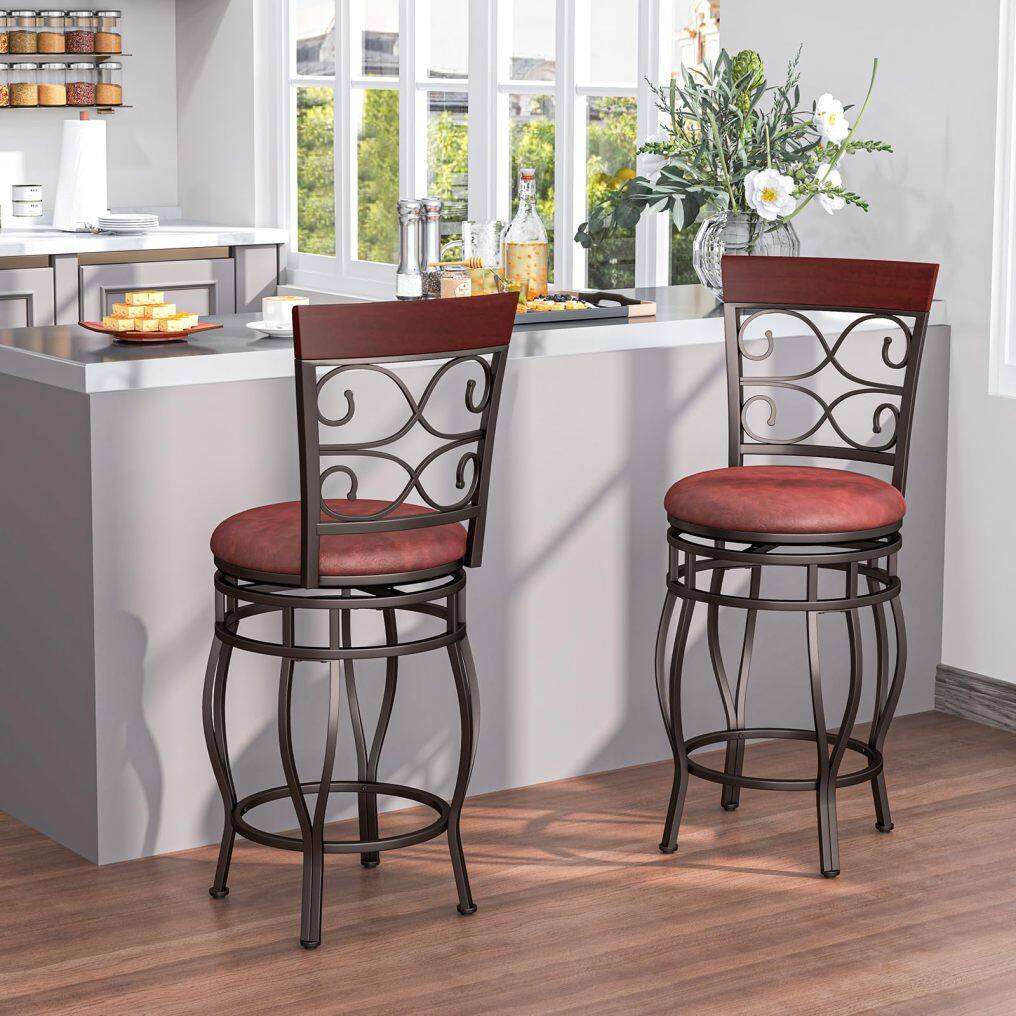 KOMFOTT Swivel Bar Stools Set of 2/4, Counter Height Bar Stools with Back, Upholstered PU Leather Seat, Footrest