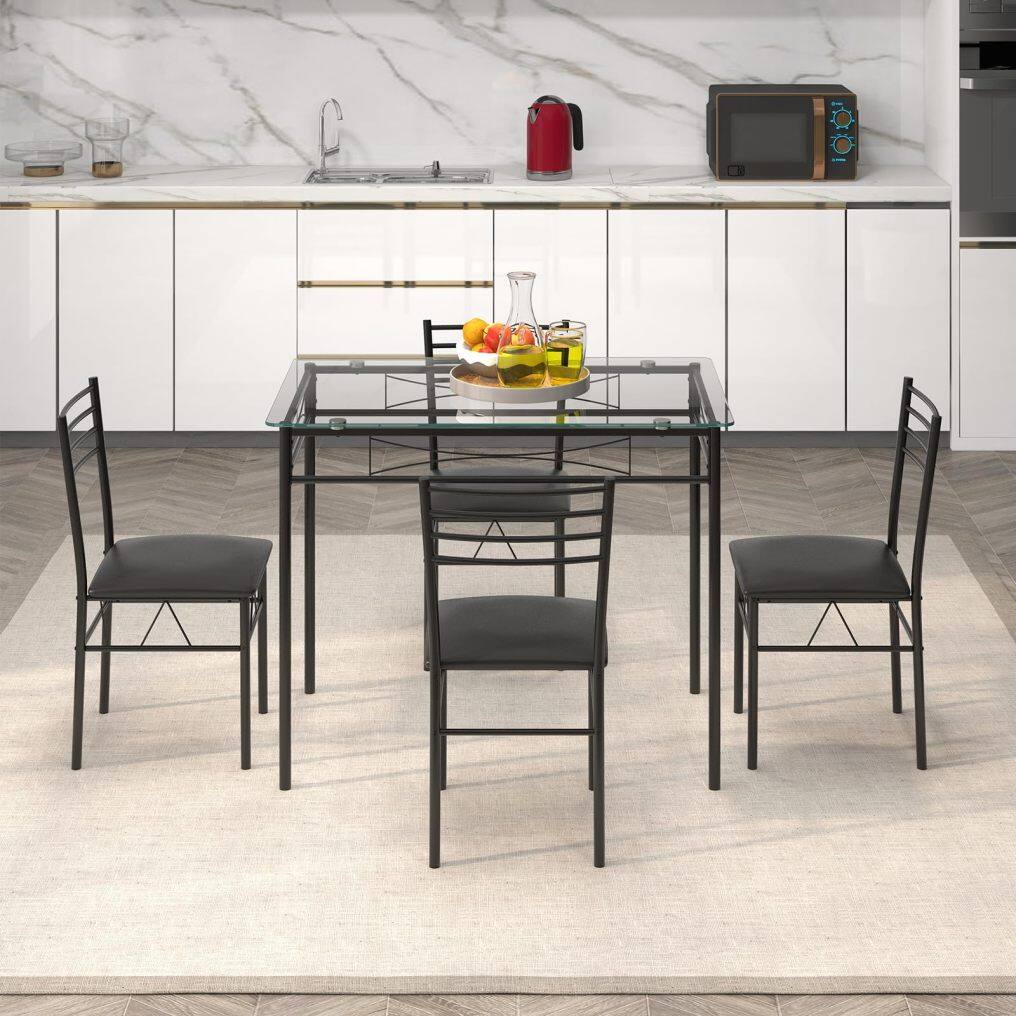 KOMFOTT 5 Piece Dining Table Set with Tempered Glass Table Top and 4 Upholstered Chairs