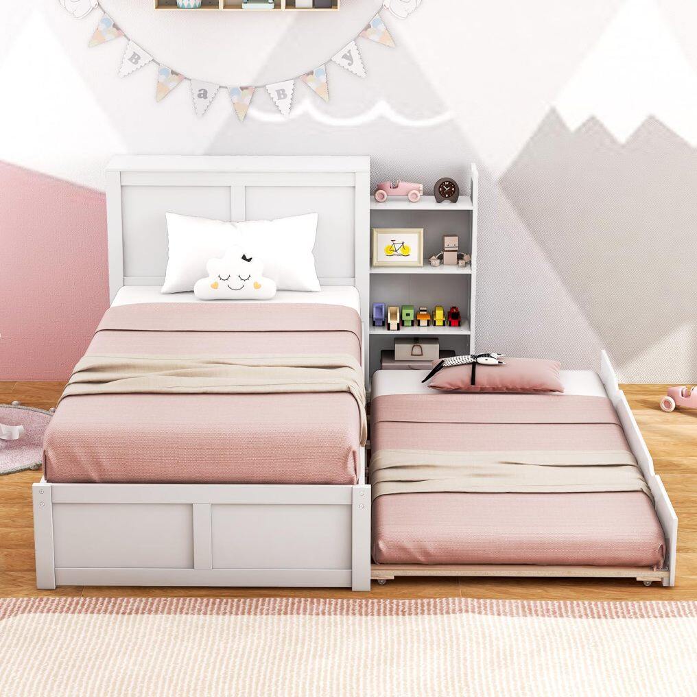 KOMFOTT Twin Wood Bed Frame with Trundle & 2 Rolling Bookcases & High Headboard