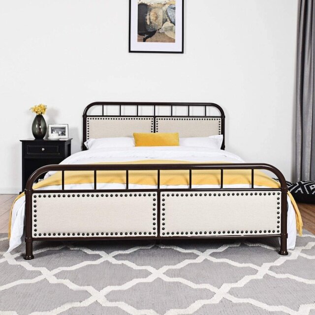 KOMFOTT Queen Size Metal Bed Frame with Button Tufted Headboard & Footboard