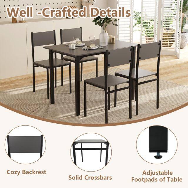 KOMFOTT 5-Piece Dining Table Set, Industrial Kitchen Table and Chairs for 4 with Backrest and Metal Frame