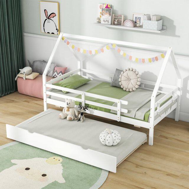 KOMFOTT House Bed with Trundle Wood Bed Frame with Safety Rails & Roof