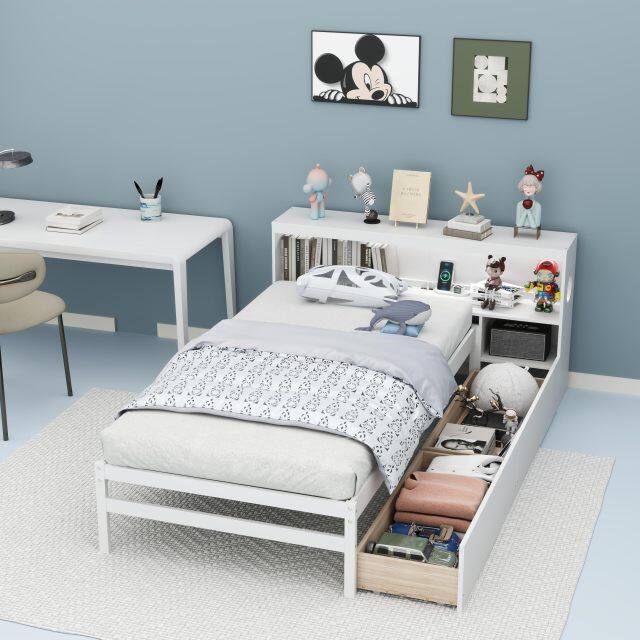 KOMFOTT Wood Twin Bed Frame with Storage Drawer & Headboard, Modern Platform Bed with Charging Station & LED Light