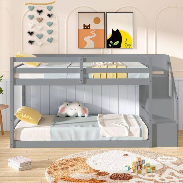 KOMFOTT Bunk Bed with Stairs, Solid Wood Floor Bunk Bed with Storage Staircase & Full-Length Guardrails