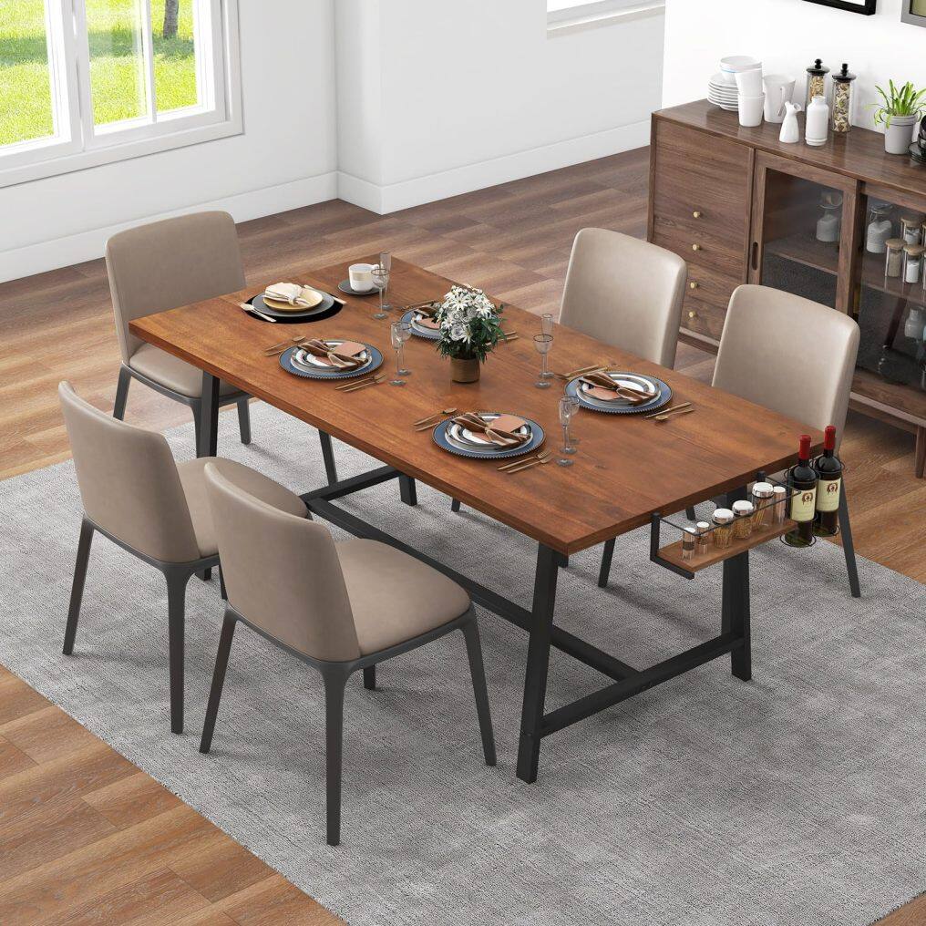 KOMFOTT 72-Inch Dining Table for 5-7, Rectangular Kitchen Table with 2-Bottle Wine Rack, Condiment Holder & Metal Footrest