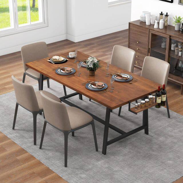 KOMFOTT 72-Inch Dining Table for 5-7, Rectangular Kitchen Table with 2-Bottle Wine Rack, Condiment Holder & Metal Footrest