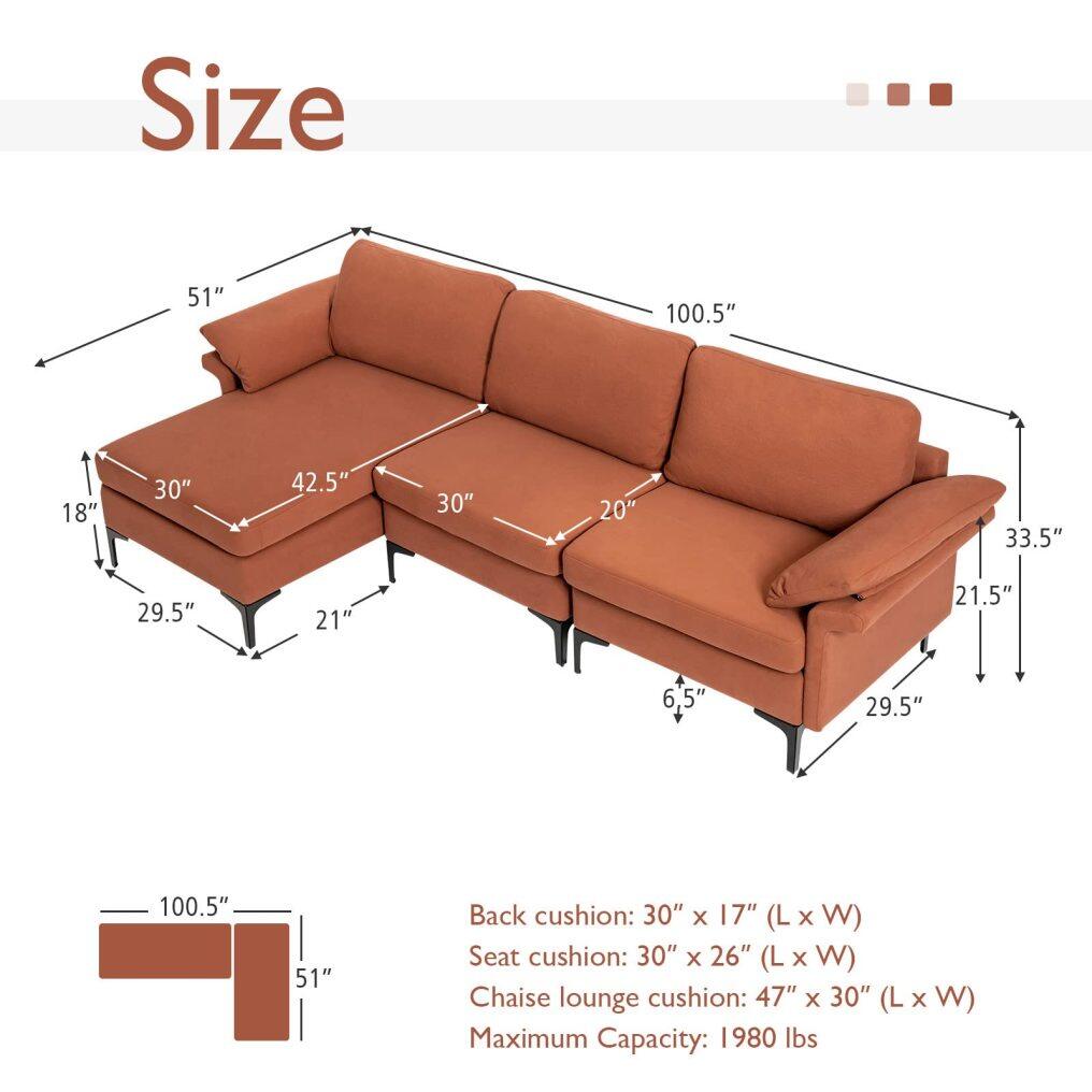 KOMFOTT 100.5 Inch Convertible L-Shaped Sectional Sofa Couch, 3-Seat Sofa with Reversible Chaise Lounge