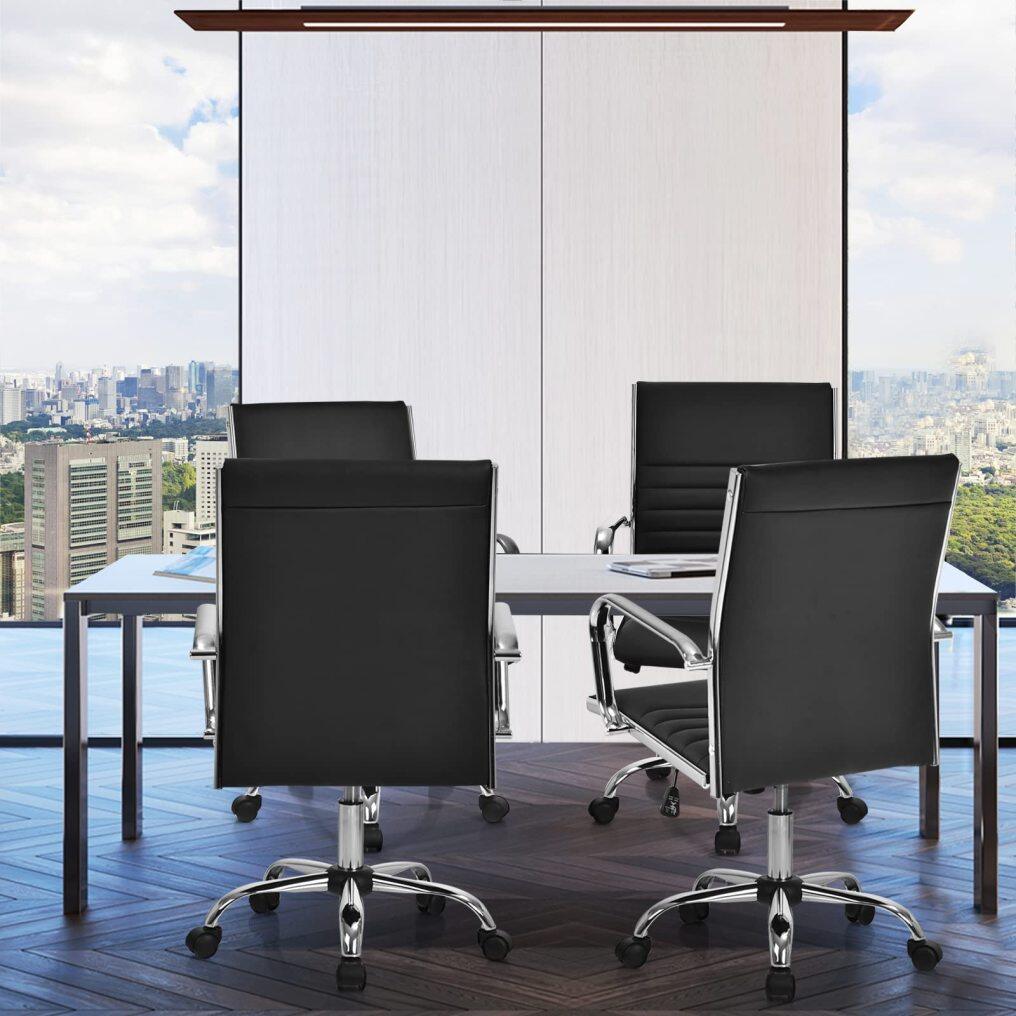 KOMFOTT Ribbed Office Chair, Ergonomic Modern Leather Desk Chair with Adjustable Height & Arms, Swivel Mid Back Executive Conference Room Chairs