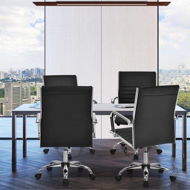 KOMFOTT Ribbed Office Chair, Ergonomic Modern Leather Desk Chair with Adjustable Height & Arms, Swivel Mid Back Executive Conference Room Chairs