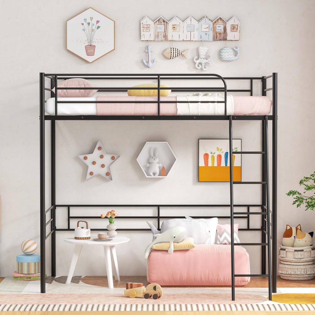 KOMFOTT Twin Size Loft Bed, Metal Loft Bed Frame with Ladder & Safety Guardrail
