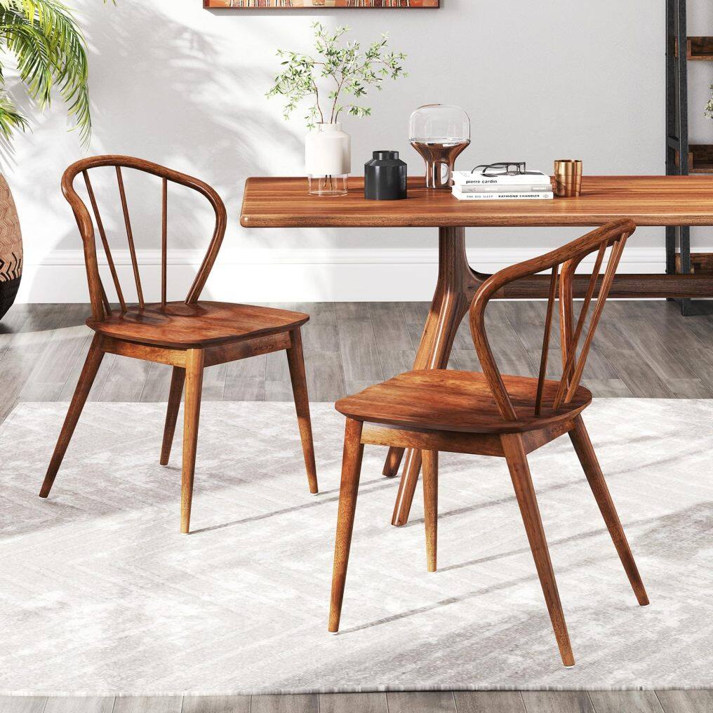 KOMFOTT Wooden Dining Chairs Set of 2/4, Windsor Kitchen Chairs w/High Spindle Back & Rubber Wood Legs, Wide Seat & Curved Backrest