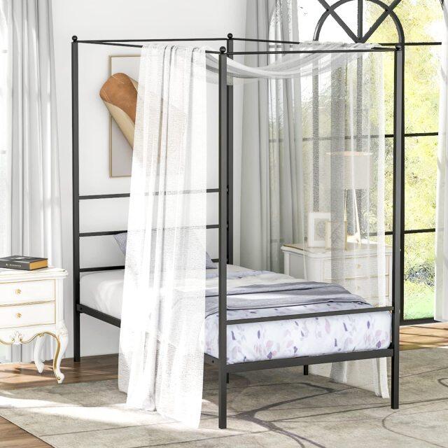 KOMFOTT Metal Canopy Bunk Bed, Modern 4 Poster Canopied Platform Bed with Headboard