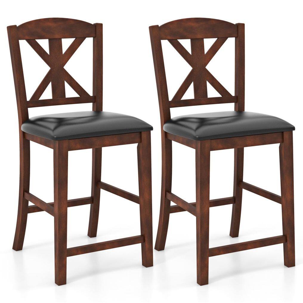 KOMFOTT Wood Bar Stools Set of 2/4, 24" Upholstered Counter Height Bar Chairs w/Hollowed High Back, PU Leather, Rubber Wood Legs