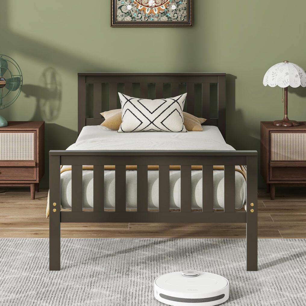KOMFOTT Wood Platform Bed Frame with Headboard, Wooden Slats Support, 12" Under-Bed Storage Space