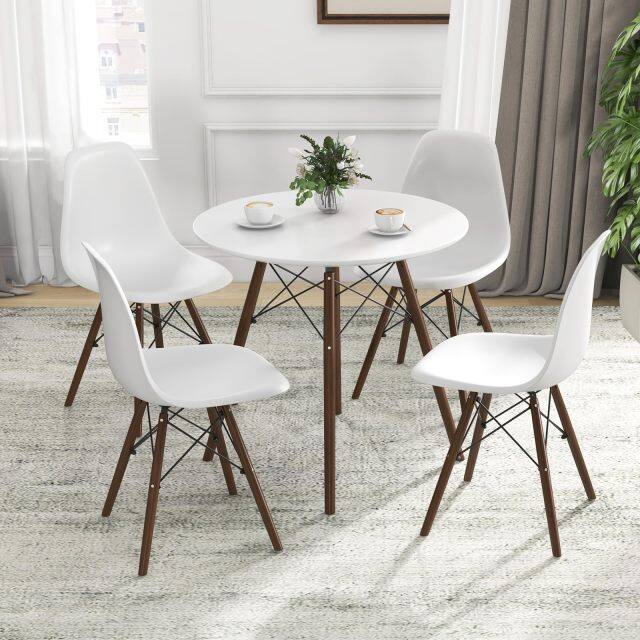 KOMFOTT Round Dining Table Set for 4, Modern Circle Kitchen Table & 4 Chairs with Ergonomic Seats and Solid Wood Legs