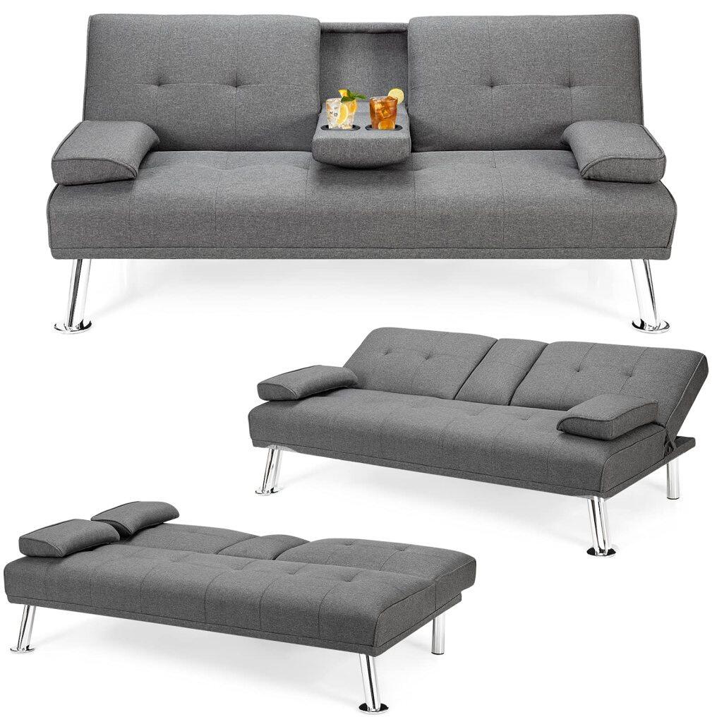 KOMFOTT Convertible Futon Sofa Bed with Adjustable Backrest & Removable Armrests, 2 Cup Holders