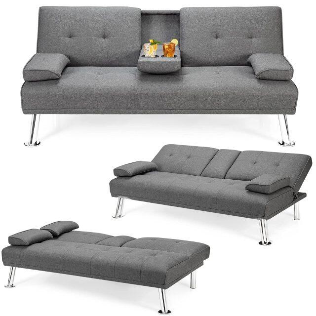 KOMFOTT Convertible Futon Sofa Bed with Adjustable Backrest & Removable Armrests, 2 Cup Holders