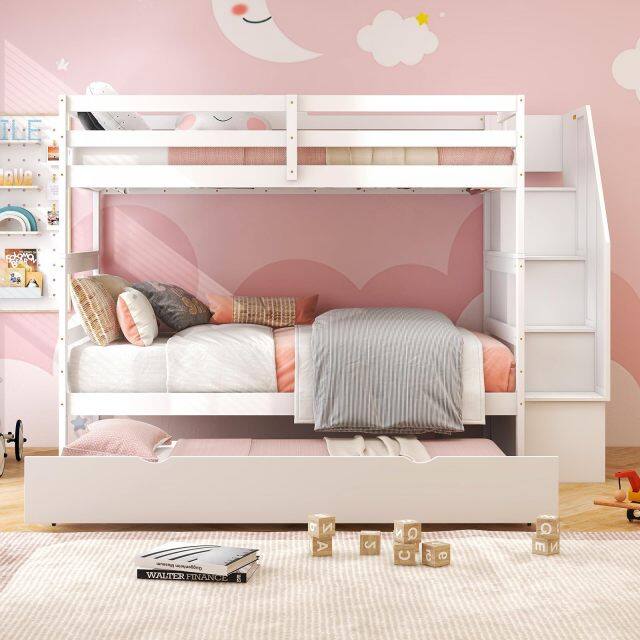 KOMFOTT Twin Over Twin Wood Bunk Bed with Trundle & Storage Stairs, Convertible to 2 Separated Beds