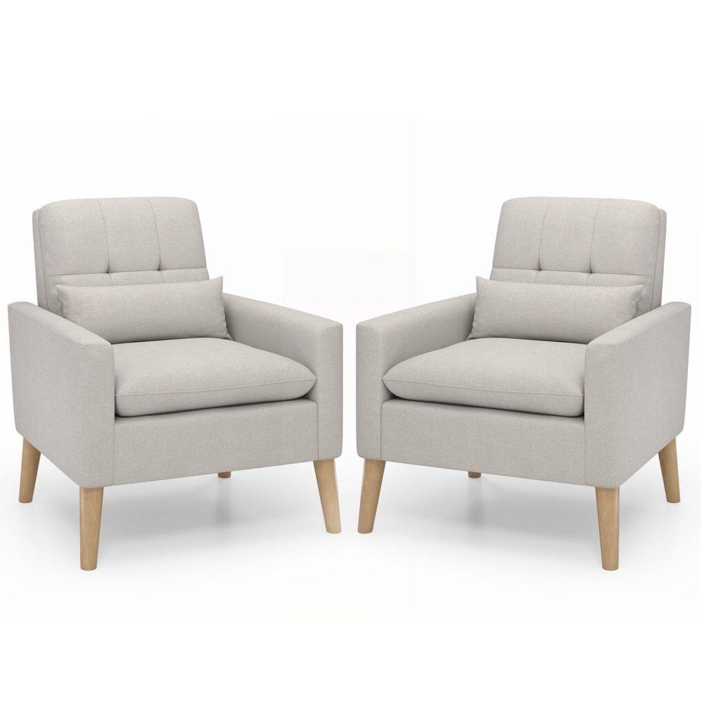 KOMFOTT Modern Linen Accent Chair, Upholstered Tufted Armchair with Lumbar Pillow, Rubber Wood Legs, Padded Cushion