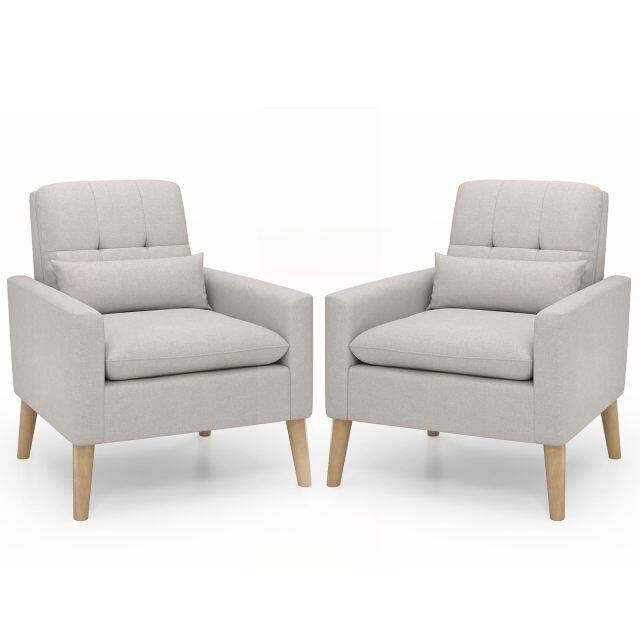 KOMFOTT Modern Linen Accent Chair, Upholstered Tufted Armchair with Lumbar Pillow, Rubber Wood Legs, Padded Cushion