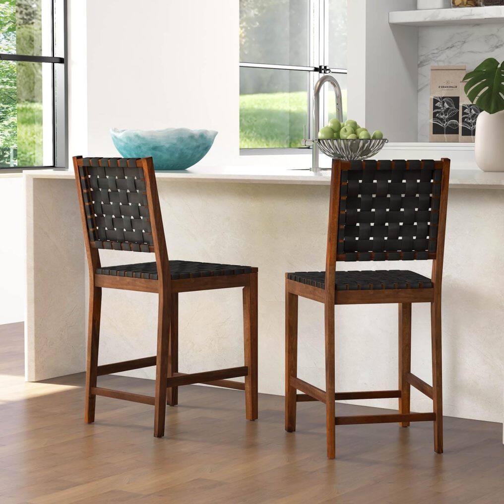 KOMFOTT 24" Counter Height Bar Stools Set of 2/4, Solid Wood Woven Rustic Barstools w/Faux PU Leather Straps