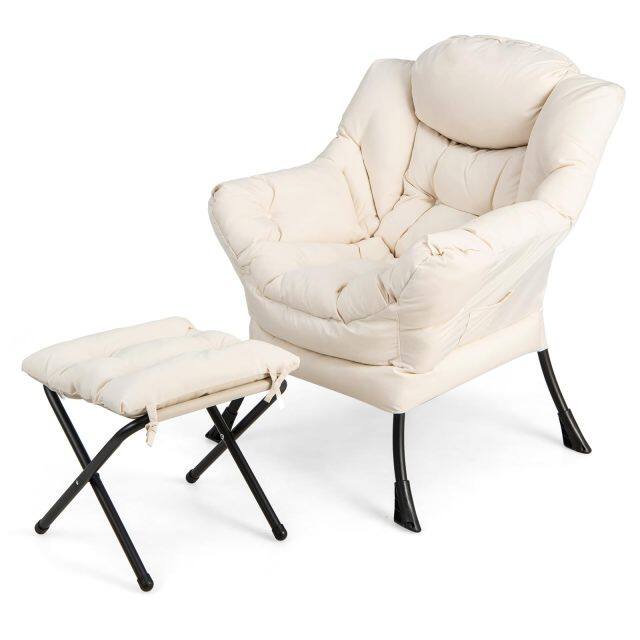 KOMFOTT Lazy Sofa Chair with Ottoman, Upholstered Leisure Lounge Armchair with Folding Footrest, Side Storage Pocket