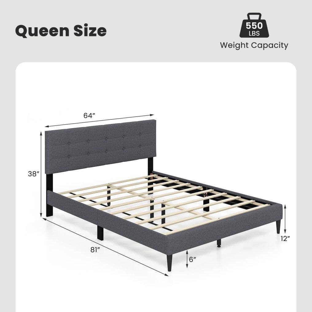KOMFOTT Twin/Queen Size Upholstered Platform Bed Frame with Button Tufted Linen Fabric Headboard