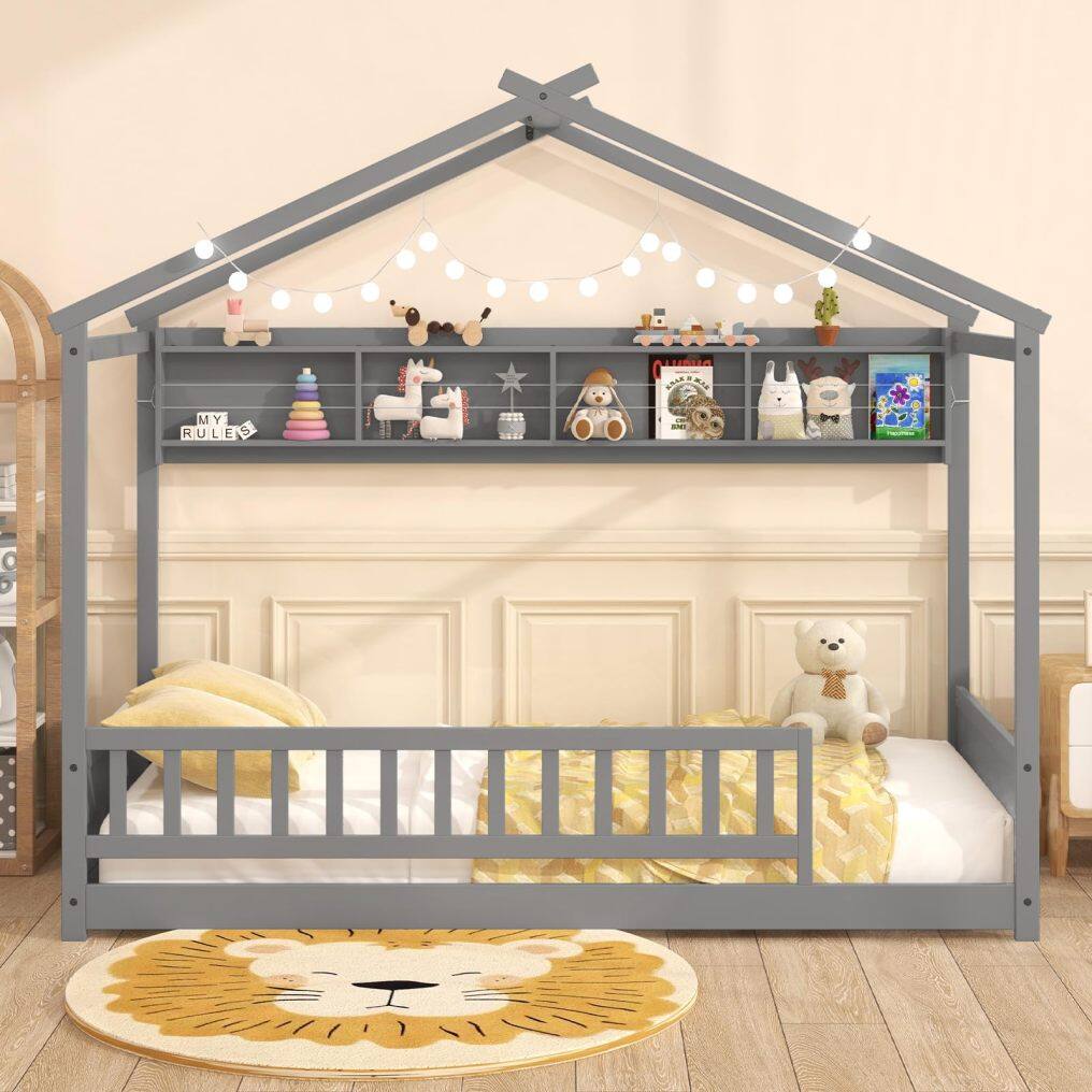 KOMFOTT Twin Floor House Bed with Storage Shelf, Headboard & Guardrail