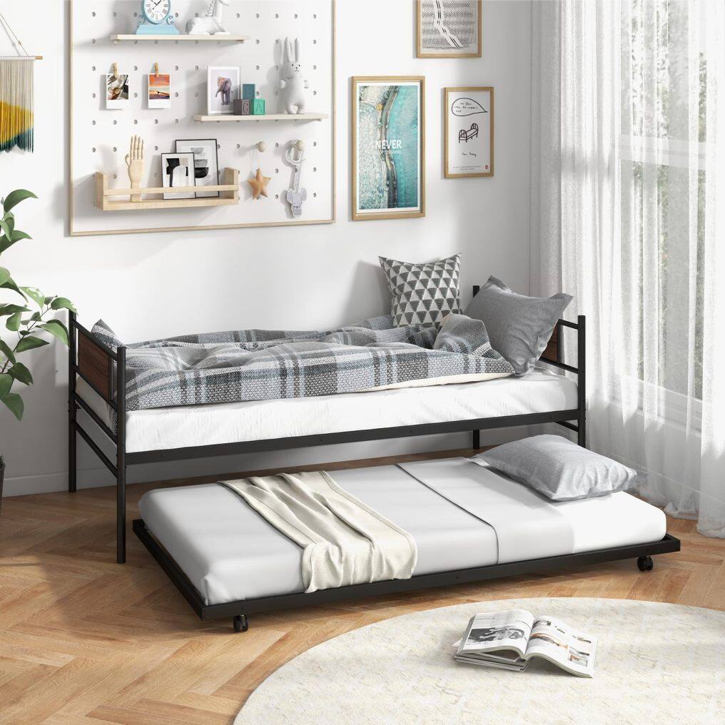 KOMFOTT Twin Size Metal Daybed with Trundle, Wood Grain Headboard & Metal Slat Support
