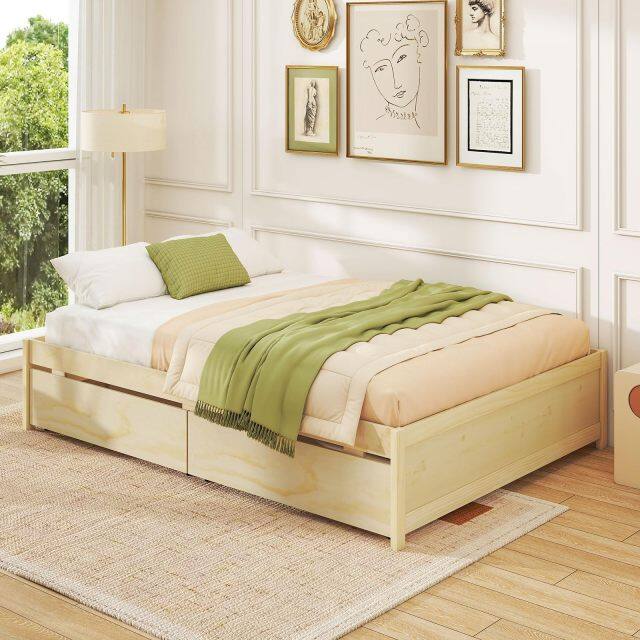 KOMFOTT Bed Frame with 2 Storage Drawers, Solid Wood Platform Bed with Slats Support