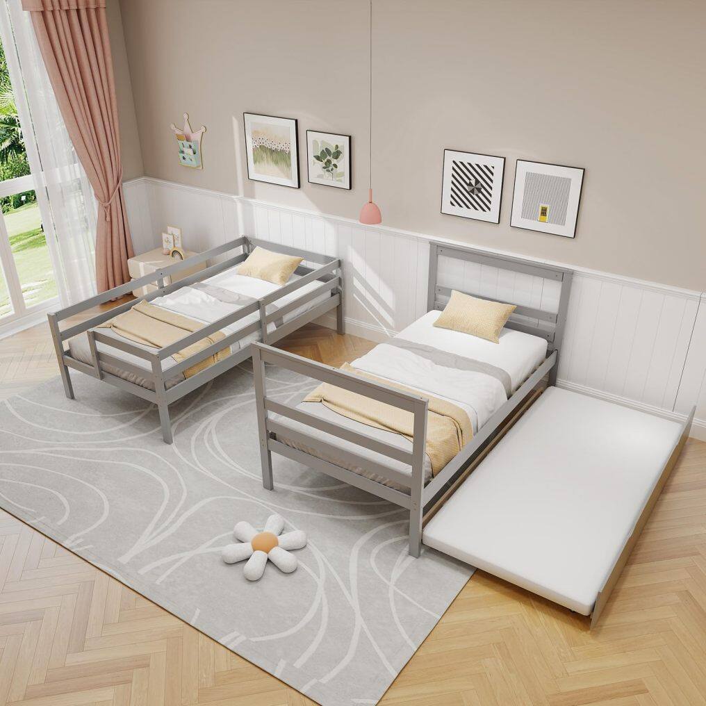 KOMFOTT Twin Over Twin Wood Bunk Bed with Trundle & Storage Stairs, Convertible to 2 Separated Beds