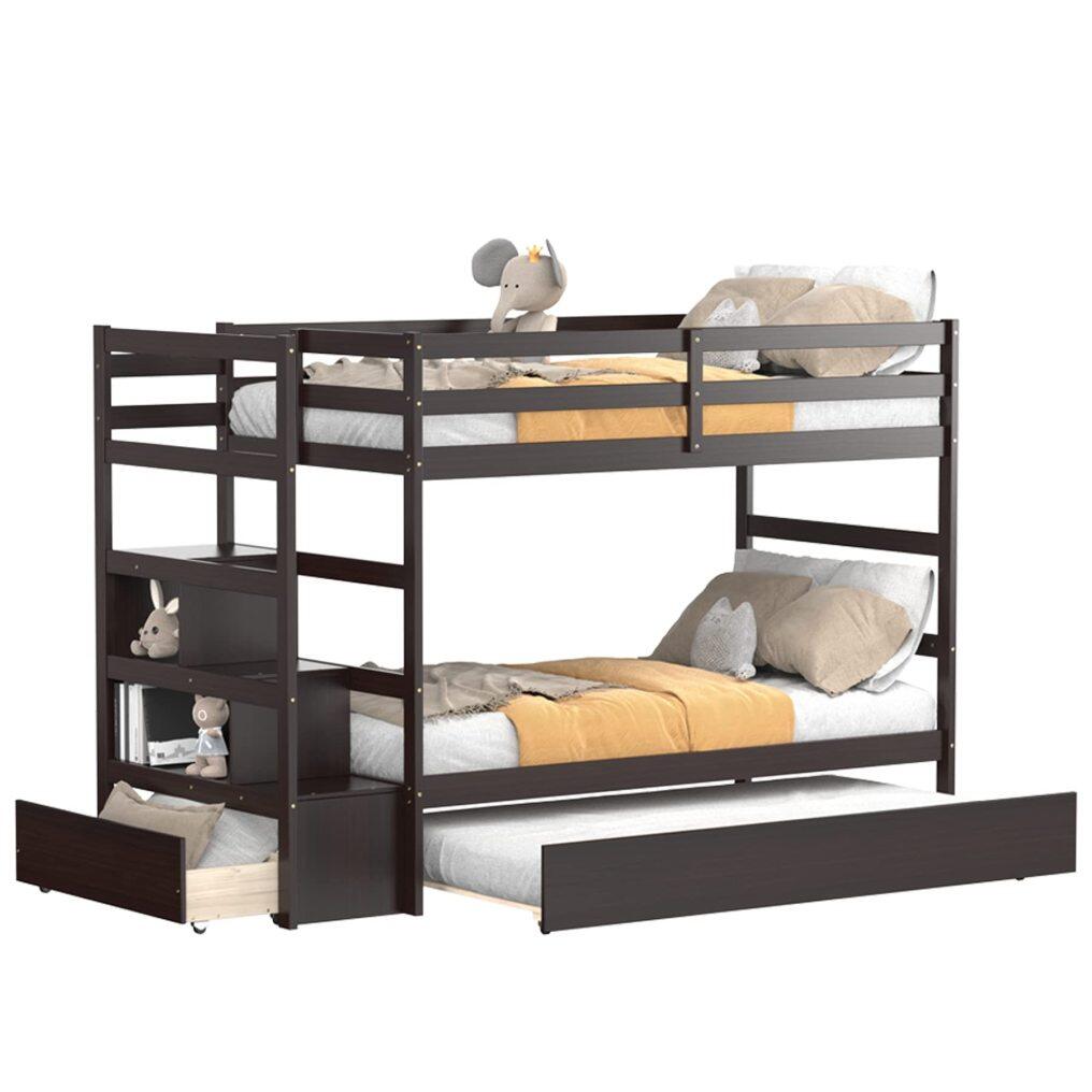 KOMFOTT Twin Over Twin Bunk Bed with Trundle & Staircase, Storage Shelves & Drawer