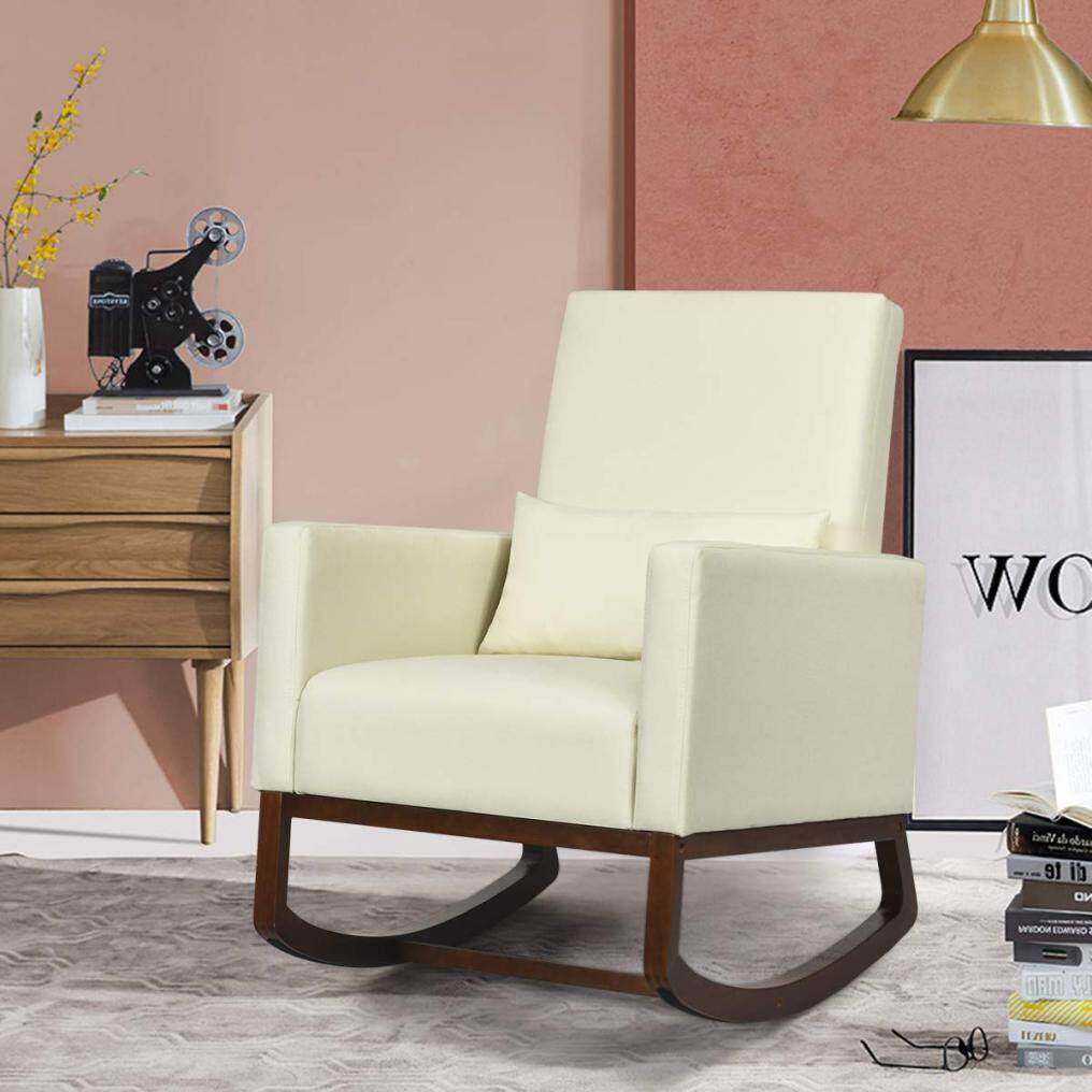 KOMFOTT Upholstered Rocking Chair, Modern High Back Armchair, Comfortable Rocker with Fabric Padded Seat, Waist Pillow