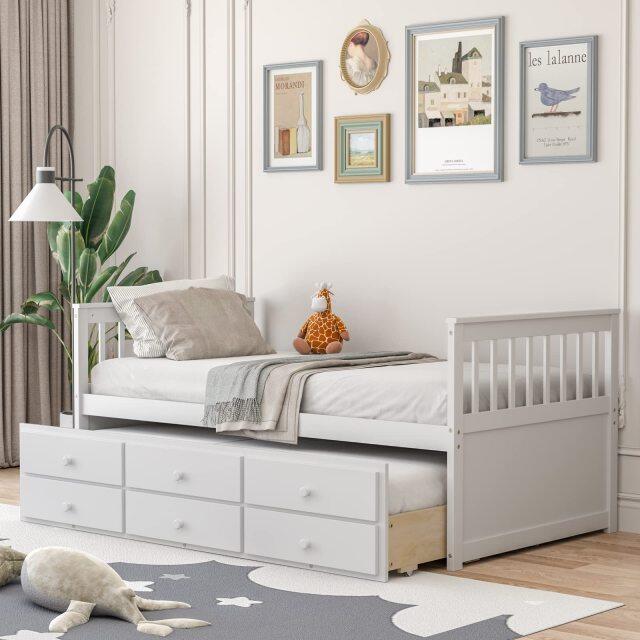 KOMFOTT Twin Size Wooden Captain Daybed with Trundle and 3 Storage Drawers