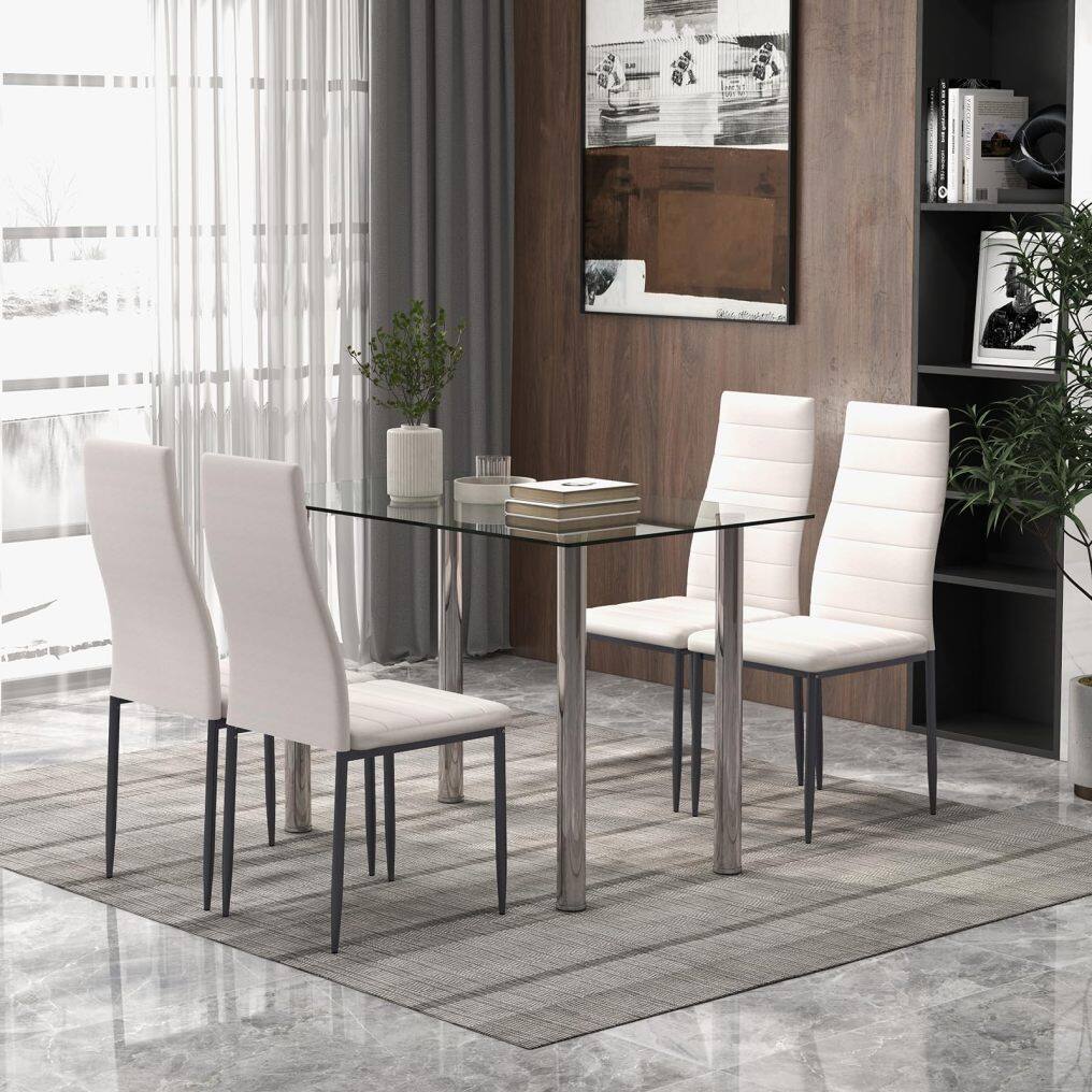 KOMFOTT 5 Piece Dining Table Sets, Modern Tempered Glass Top and PVC Leather Chair w/4 Chairs