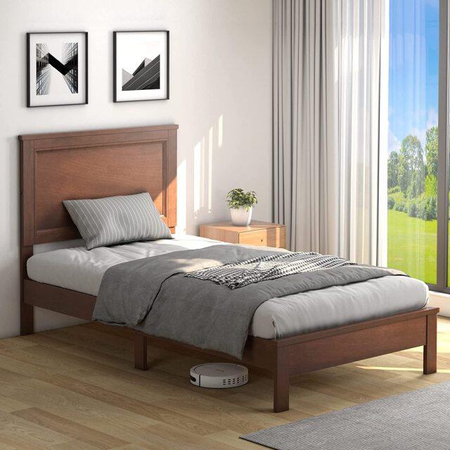 KOMFOTT Wood Platform Bed Frame with Headboard, Mid Century Platform Bed Frame with Solid Wood Legs & Wooden Slat Support
