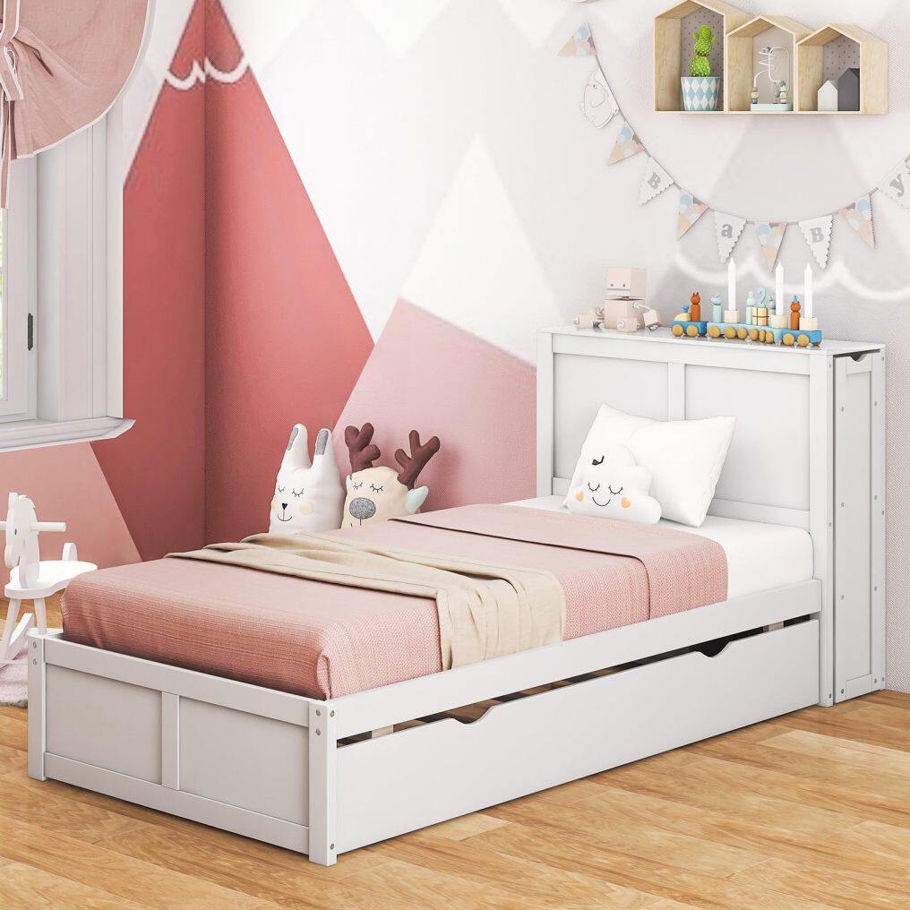 KOMFOTT Twin Wood Bed Frame with Trundle & 2 Rolling Bookcases & High Headboard