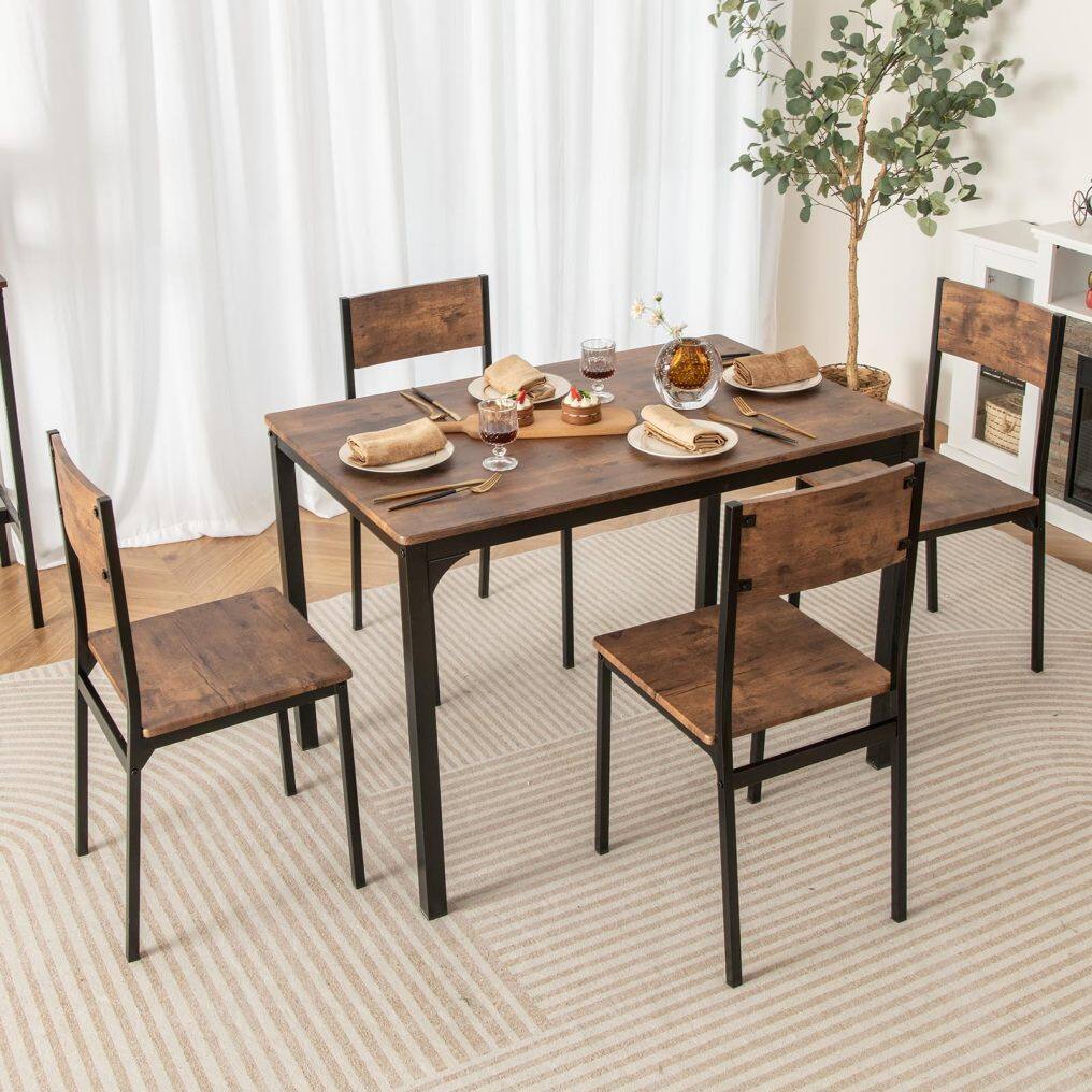 KOMFOTT 5-Piece Dining Table Set, Industrial Kitchen Table and Chairs for 4 with Backrest and Metal Frame