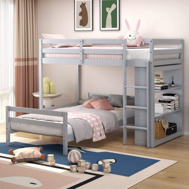 KOMFOTT Twin Over Twin Bunk Bed, Convertible Wooden Loft Bed with 3-Tier Bookcase, Can be Separated into 2 Beds